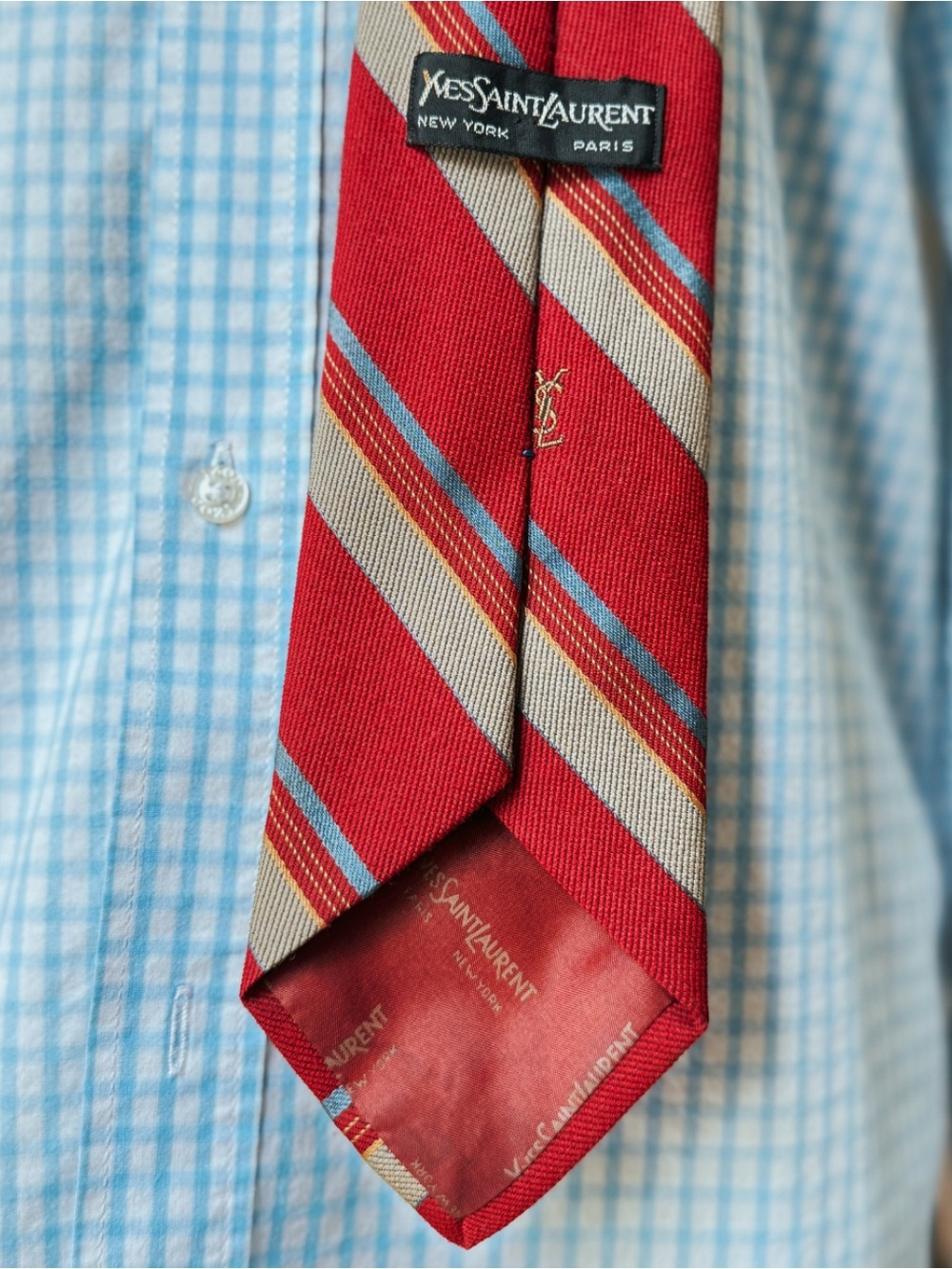 Vintage Yves Saint Laurent Repp-Stripe Embroidered YSL Monogram Regimental Tie - Picture 5 of 6